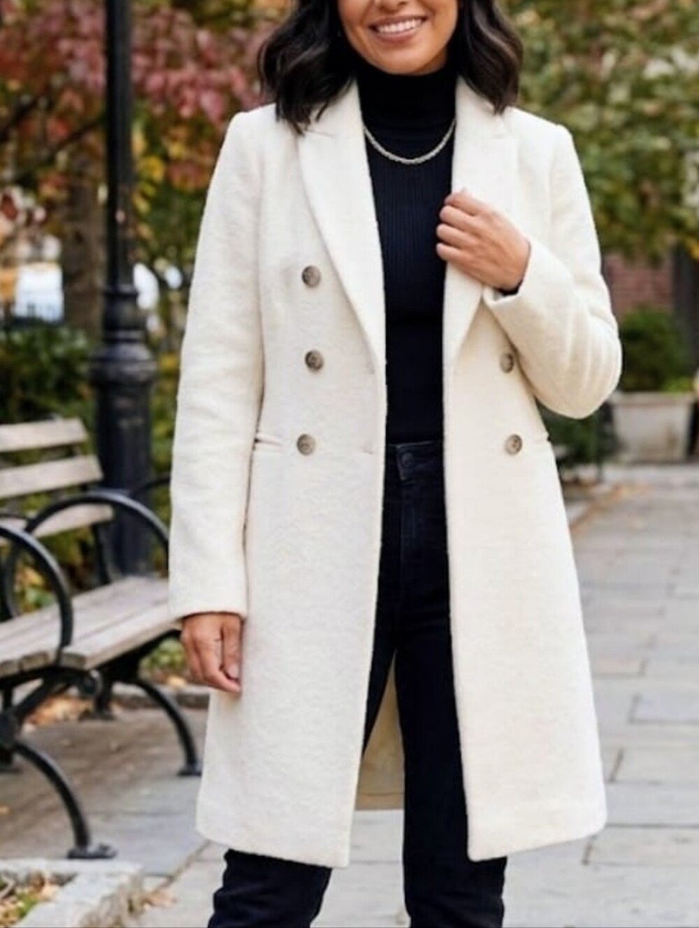 Ann Taylor Ivory Double-Breasted Long Wool Coat.